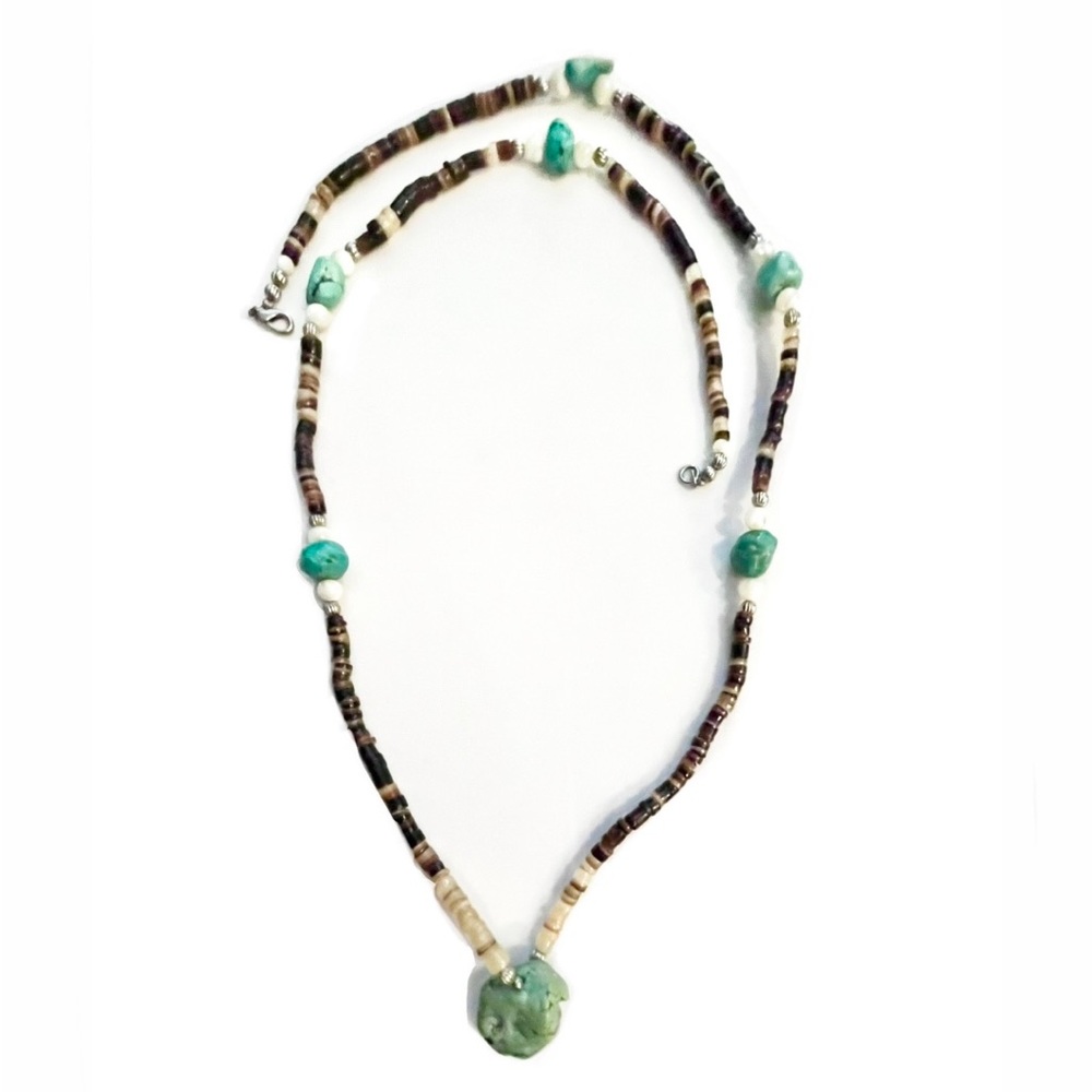 🪺Dramatic Old Pawn Vintage 30” Brown Penn Shell Heishi Turquoise Necklace